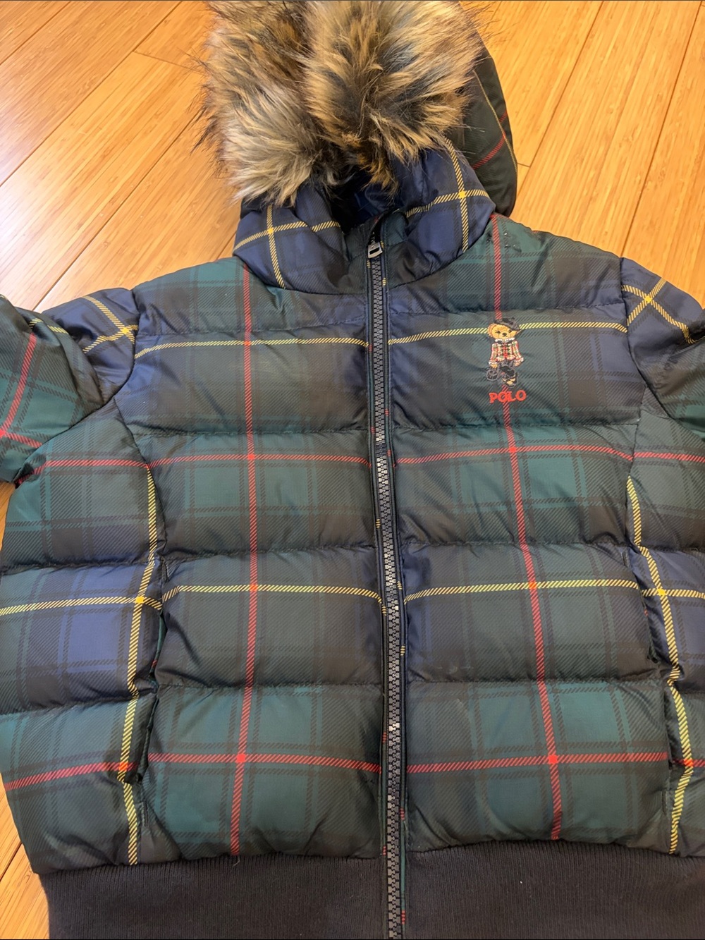 Polo by Ralph Lauren Kids Green Tartan Puffer Jacket with Faux Fur Hood